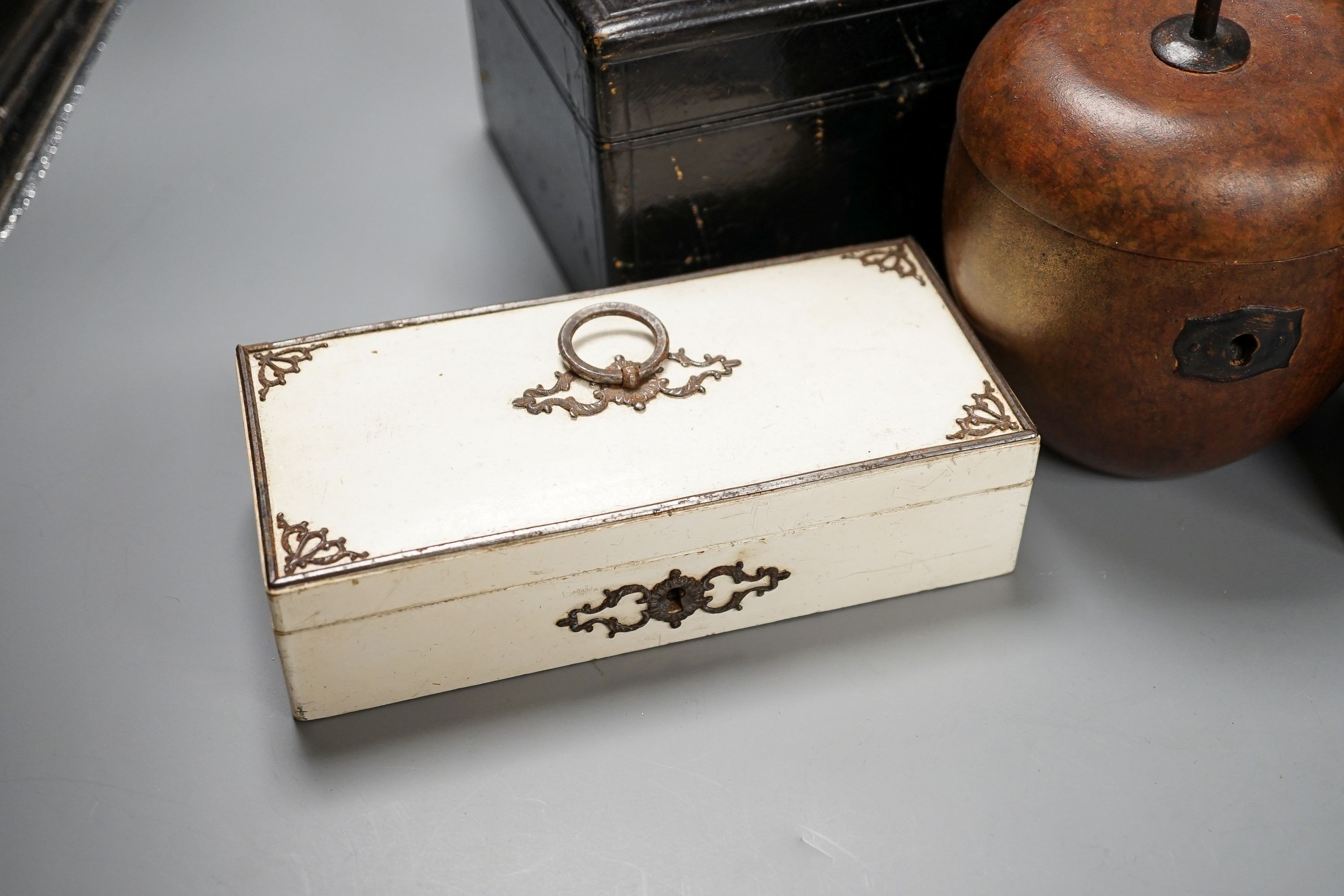 A Victorian Grecian revival toleware inkstand, width 20cm height 12cm, together with various pen boxes and Morocco leather covered boxes